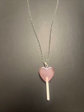 Silver Chain Pink Heart Lollipop Pendant Necklace